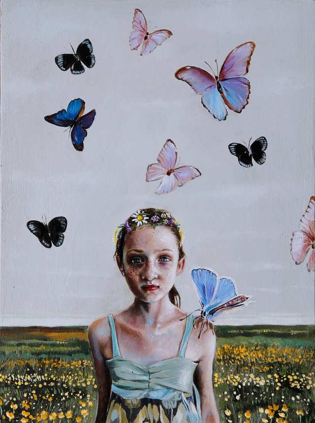 Girl With Butterflies, oil on wood