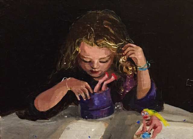 Girl with Box, oil on wood